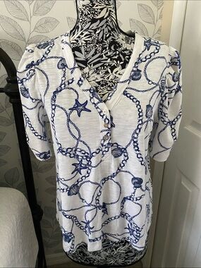 Chico's Seashell Slub Shirred-Sleeve Henley Tee w/ nautical shell & chain print
